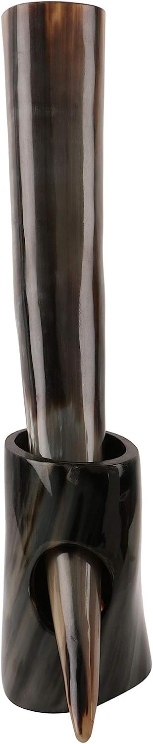 Real Ox Horn Drinking Horn with Stand Handmade Viking Style Ale Beer Wine Goblet Chalice Mead Medieval Burlap Tumbler Beaker Vessels (14 Inches, Auger Midnight)